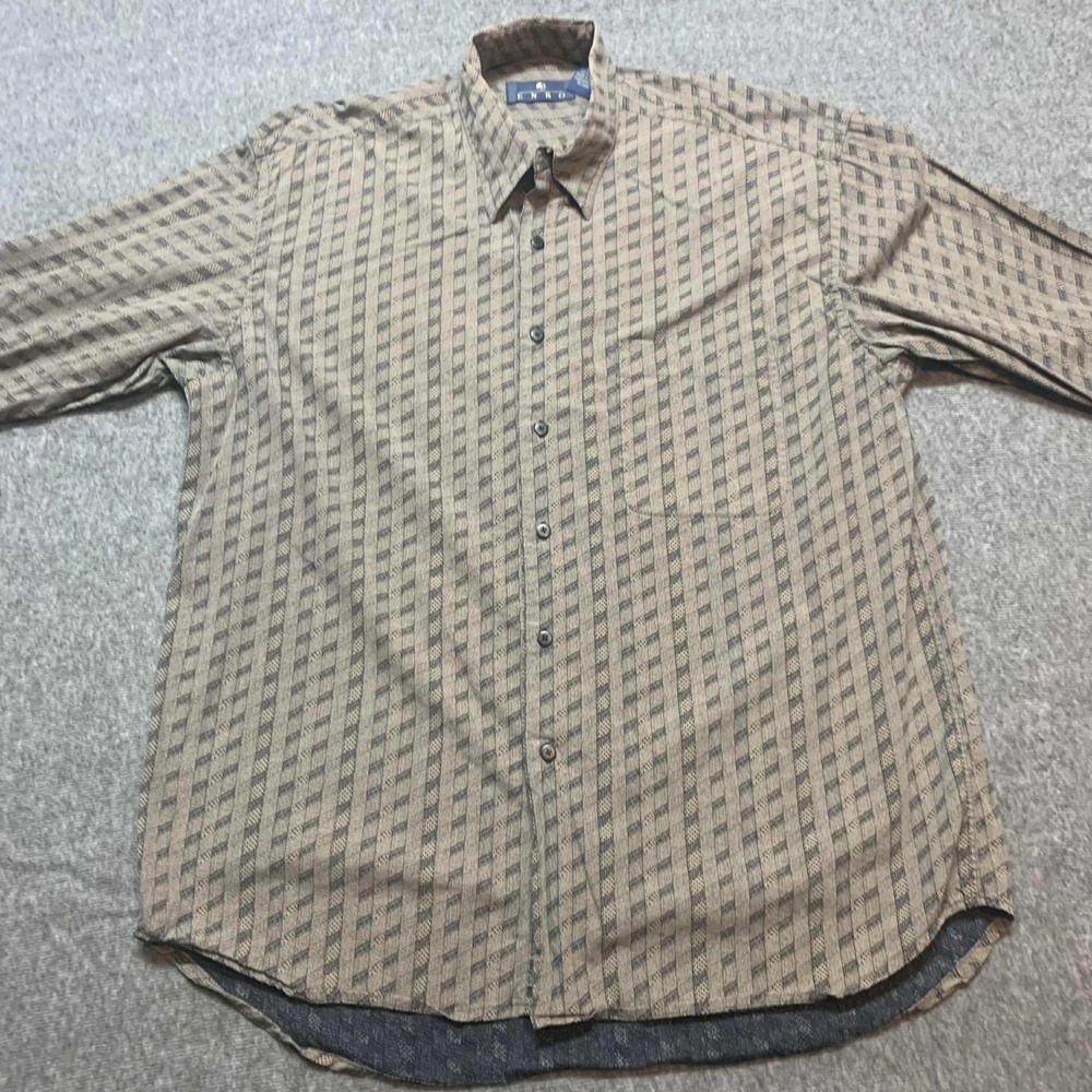 ENRO Button Up Shirt Mens Lg Brown Geometric Pattern Long Sleeve Collared Casual